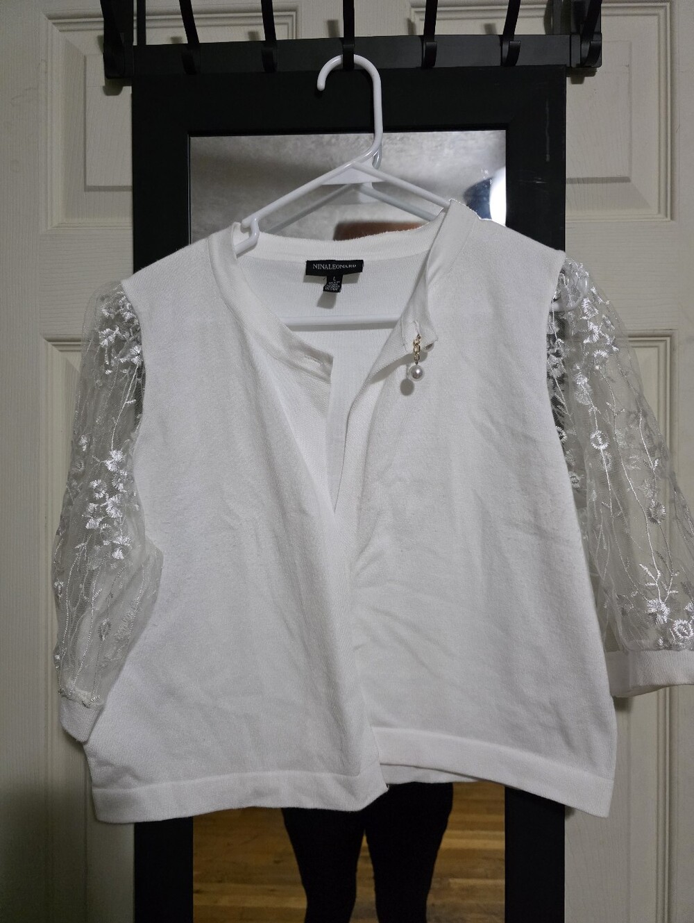 Nina Leonard White Top with Sheer Embroidered Lace Sleeves